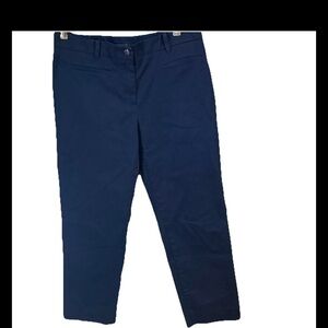 Ann Taylor Navy Pants Size 8 Pockets Stretch Straight Leg Flat Front Belted